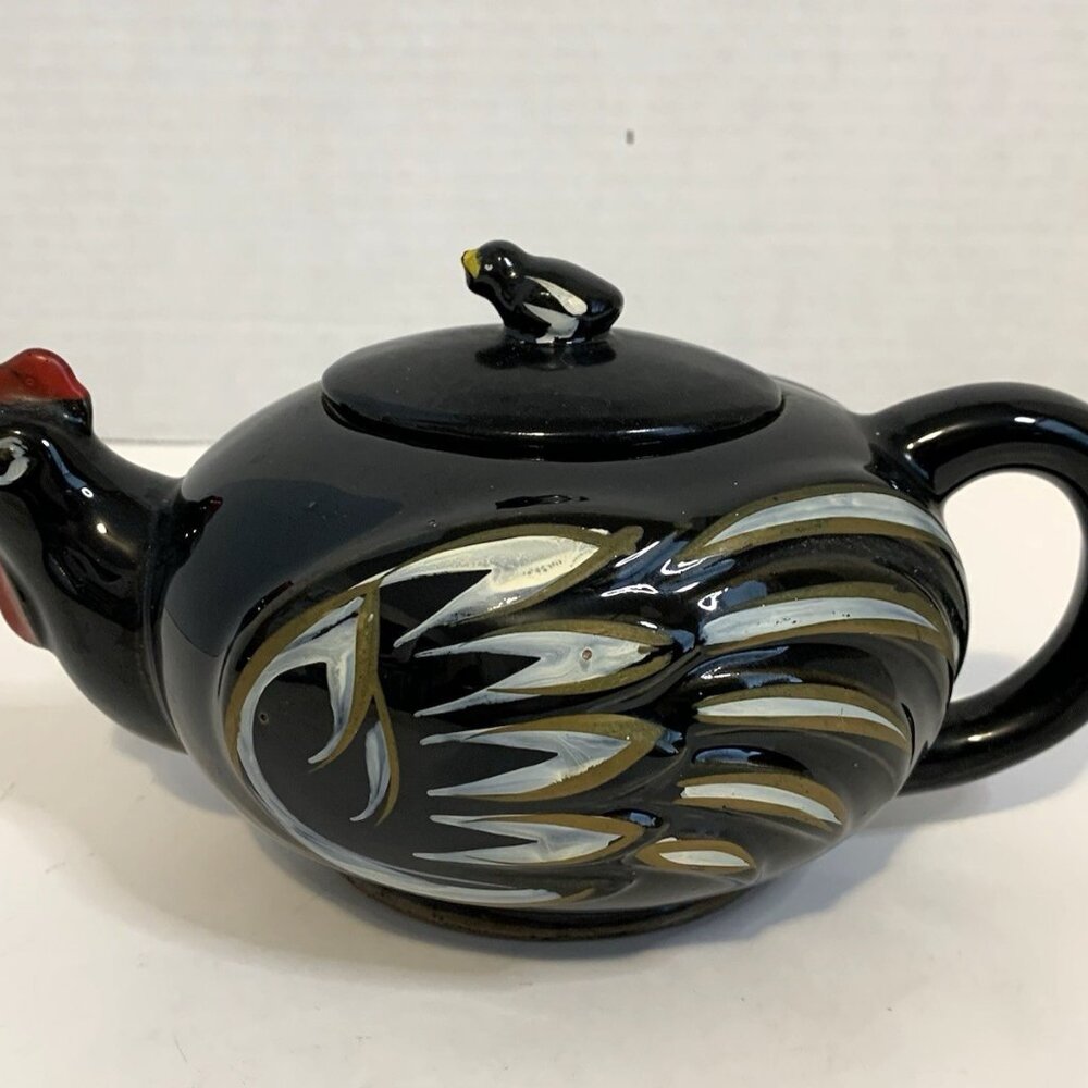 Vintage Japan Rooster Teapot Black White Gold Swirl Pattern